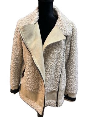 GB Girls Faux Shearling Moto Jacket Cream Sherpa Zip Women’s Medium M